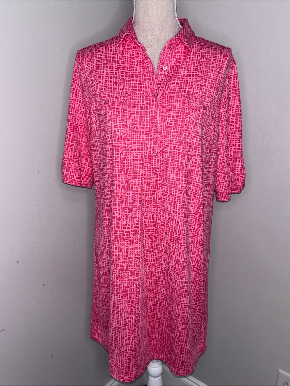 J McLaughlin pink crosshatch shirt dress half sleeve shift stretch size Large